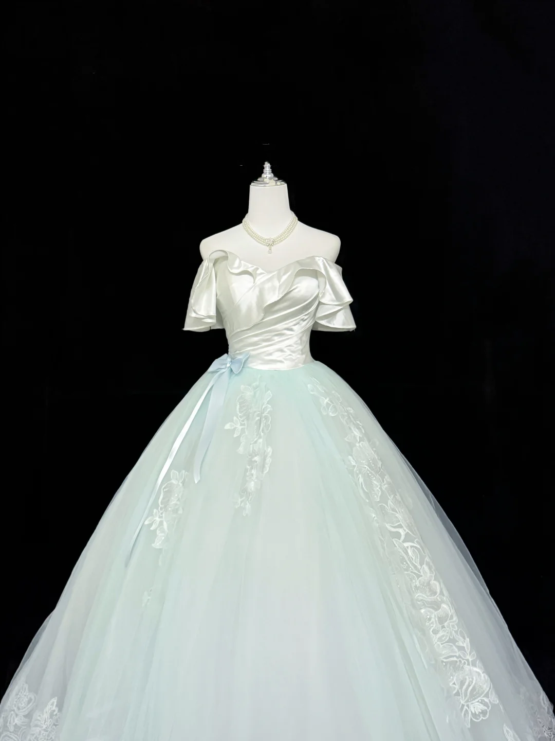 White Satin Off-the-Shoulder Cinched Waist Light Green Voluminous Skirt Long Romantic Dress, Wedding Gown gh7889