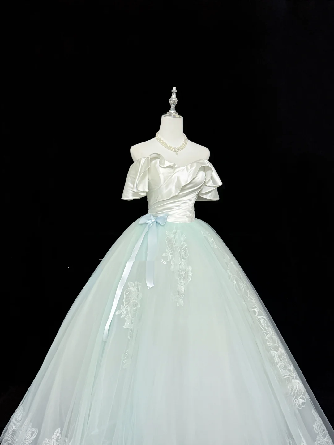 White Satin Off-the-Shoulder Cinched Waist Light Green Voluminous Skirt Long Romantic Dress, Wedding Gown gh7889
