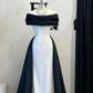Navy Blue Off-Shoulder Long Evening Dress With White Sequin Spliced Skirt, Fairy Gown, Romantic Gown gh7484