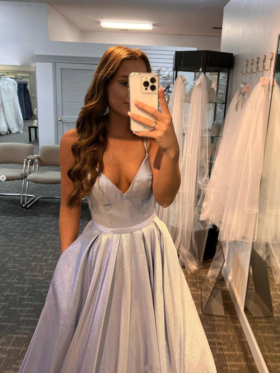 Simple V Neck Silver Satin Long Prom Dresses, V Neck Silver Formal Dress, Open Back Silver Evening Dress gh2398