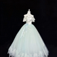 White Satin Off-the-Shoulder Cinched Waist Light Green Voluminous Skirt Long Romantic Dress, Wedding Gown gh7889