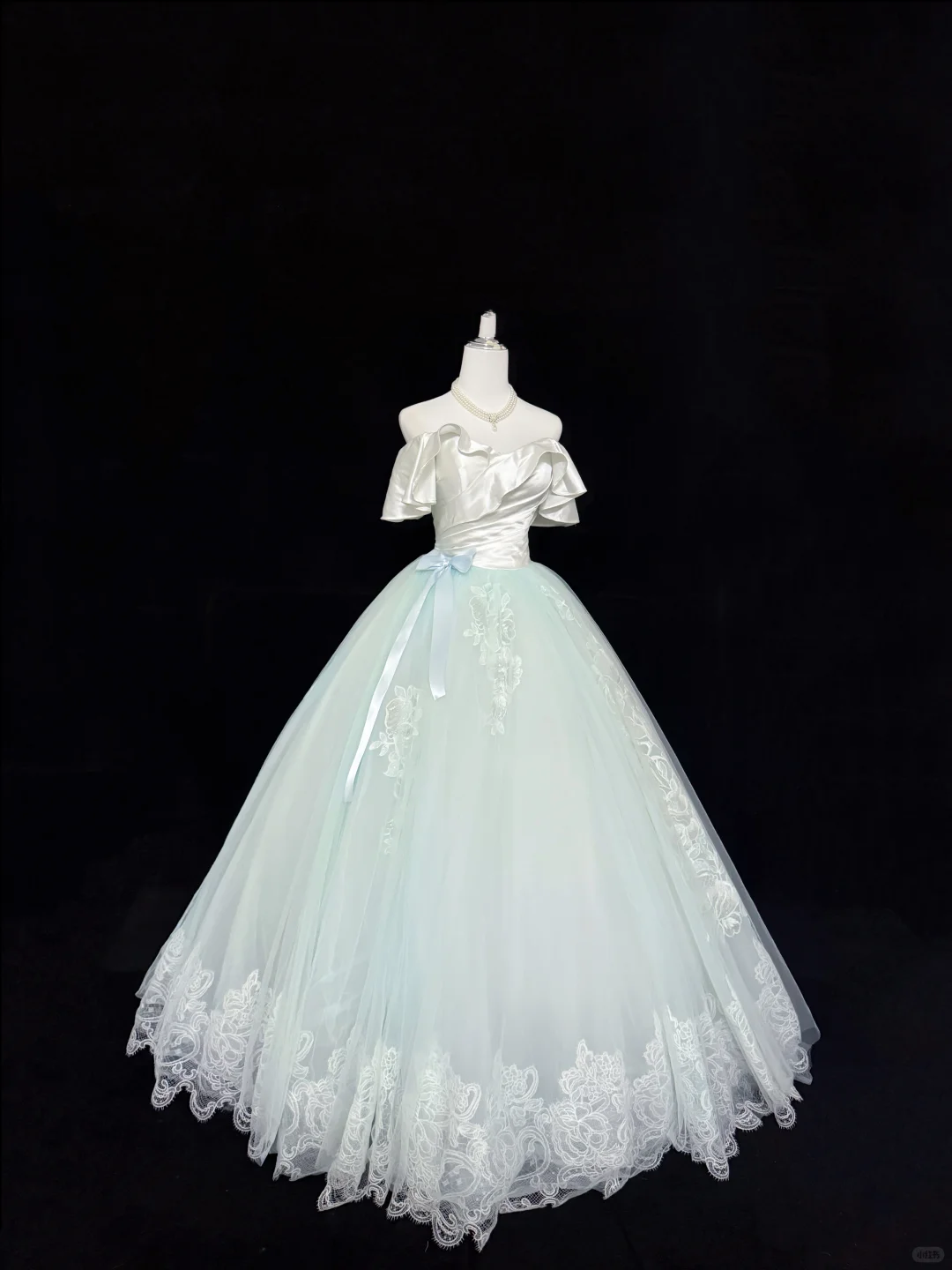 White Satin Off-the-Shoulder Cinched Waist Light Green Voluminous Skirt Long Romantic Dress, Wedding Gown gh7889