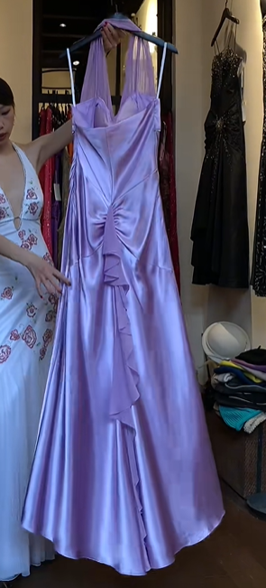 Lavender Halter V Neck Ruched Satin Mermaid Long Evening Prom Dress with Beaded Neckline gh9763
