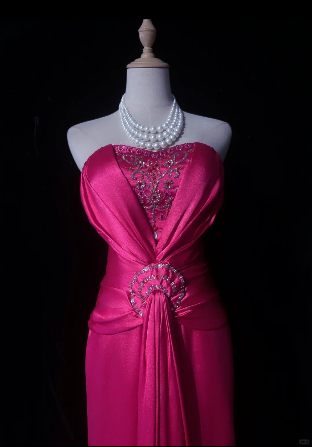 Fuchsia Satin Prom Dress V Neck Ruched Bodice Rhinestone Waist Long Sash Formal Gown with Ruffle Shrug gh9557
