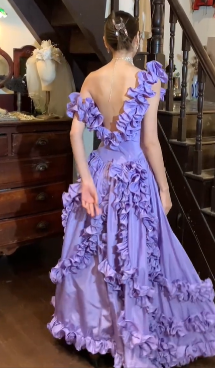 Lavender Off Shoulder Ruffle Satin A Line Long Evening Prom Dress gh9781