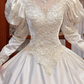 Ivory Vintage Satin Wedding Gown, Sheer Lace High Neck Over Sweetheart Neck, Puff Long Sleeves, Heavy Lace Appliqué Pointed Waist, A‑Line Long Train With Scalloped Lace Hem, Prom Dress gh8643