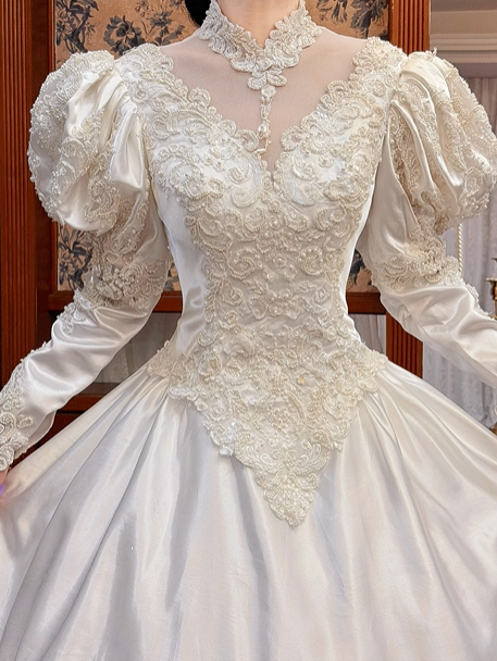 Ivory Vintage Satin Wedding Gown, Sheer Lace High Neck Over Sweetheart Neck, Puff Long Sleeves, Heavy Lace Appliqué Pointed Waist, A‑Line Long Train With Scalloped Lace Hem, Prom Dress gh8643