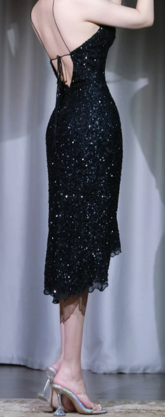 ✨Girlhomeshops-Black Halter Midi Sequin Dress Keyhole Cutout Slit Prom Gown gh9989