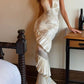 Luxury Glamorous Open-Back Style Halter Deep V Gown | Cream Satin Ruched Mermaid Maxi Dress for Gala Red Carpet High-End Social Event gh6438