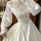 Off‑White Vintage Victorian Illusion High‑Neck Lace Puff Long Sleeve Fitted Waist Satin Long Prom Gown, Wedding Dress gh8614