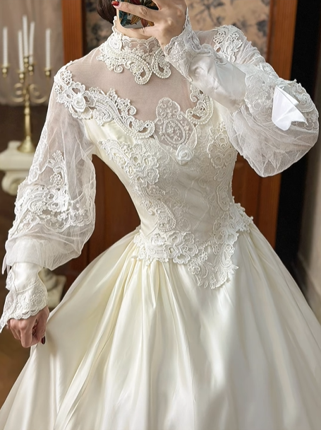 Off‑White Vintage Victorian Illusion High‑Neck Lace Puff Long Sleeve Fitted Waist Satin Long Prom Gown, Wedding Dress gh8614