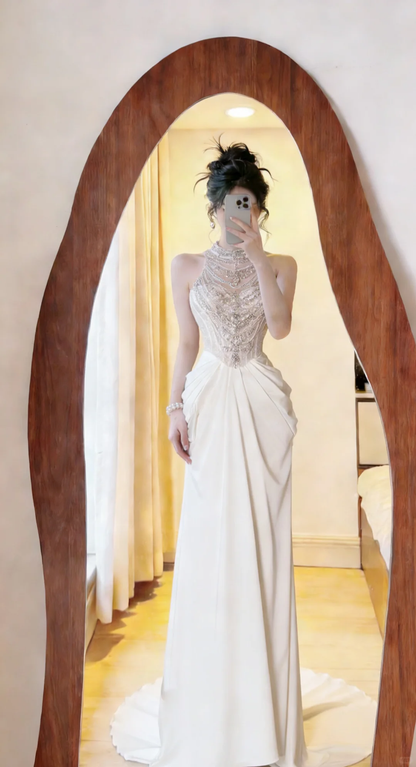 ✨Girlhomeshops-Ivory Halter Beaded Draped Wedding Prom Dress gh10426