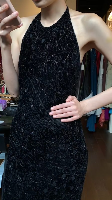 Black Halter Neck Long Evening Gown Patterned Beaded Mermaid Prom Dress gh9674