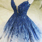 Blue Shiny Elegant V-Neck Applique Gradient Long Ball Gown Prom Dress Evening Dress Adult Ceremony Dress gh3104