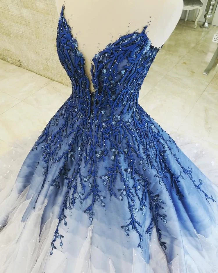 Blue Shiny Elegant V-Neck Applique Gradient Long Ball Gown Prom Dress Evening Dress Adult Ceremony Dress gh3104