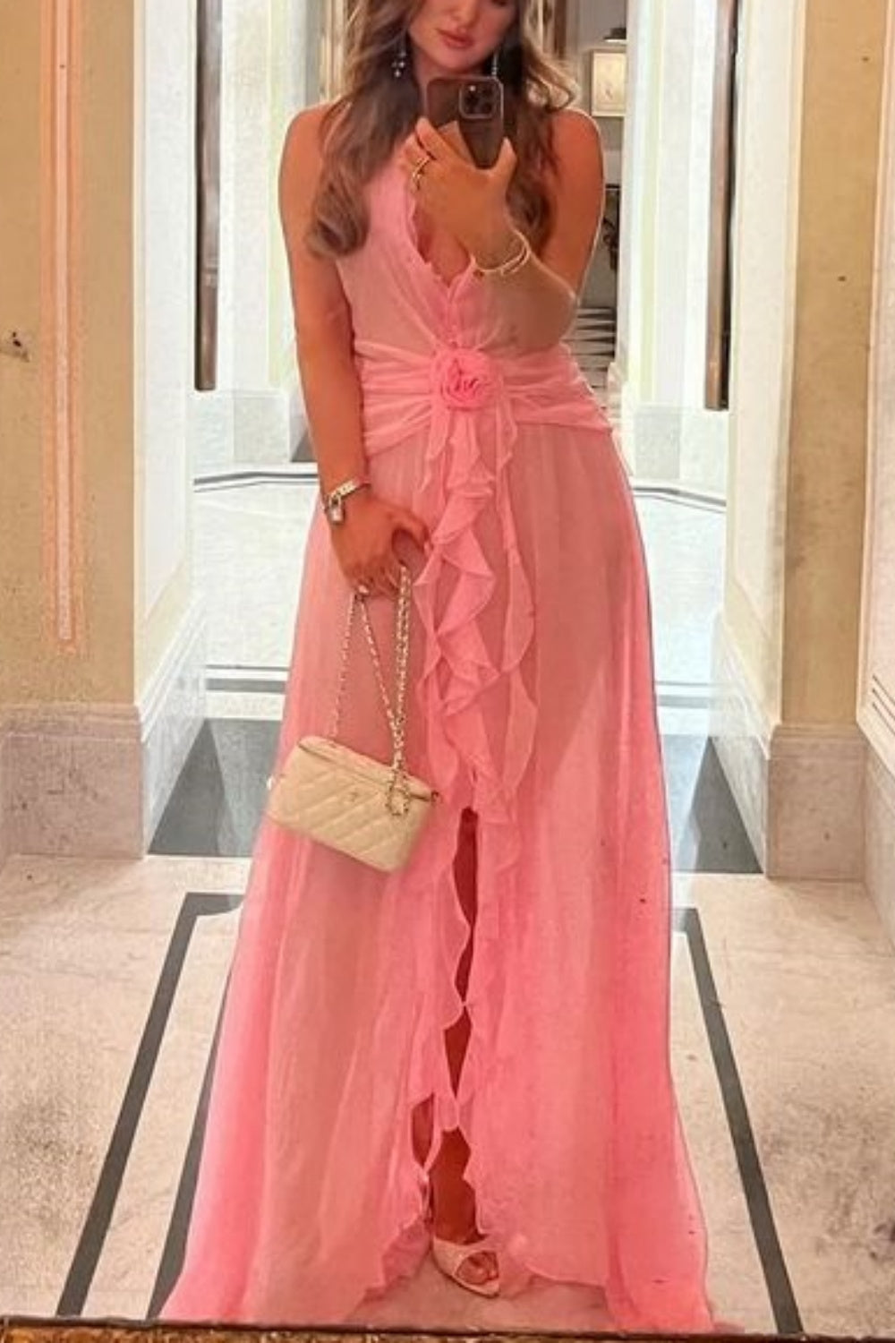Girlhomeshops - Robe de demoiselle d'honneur longue en mousseline rose élégante, robe de soirée pour invité de mariage gh5949