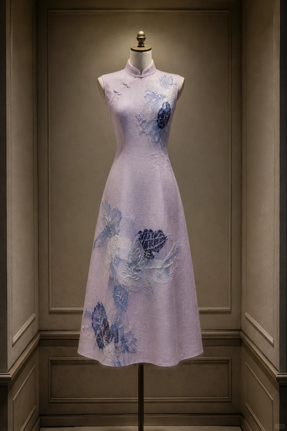 ✨Girlhomeshops-Lavender Purple Lace Floral A-Line Midi Cheongsam Qipao gh10447