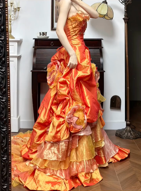 Orange‑Gold Ombre Vintage Strapless Prom Gown, Beaded Bodice, Fitted Waist, Draped Ruffle Details, Multi‑Layer Ruffled Cake Ballgown Skirt, Vintage Oil‑Painting Style Evening Prom Dress gh8772