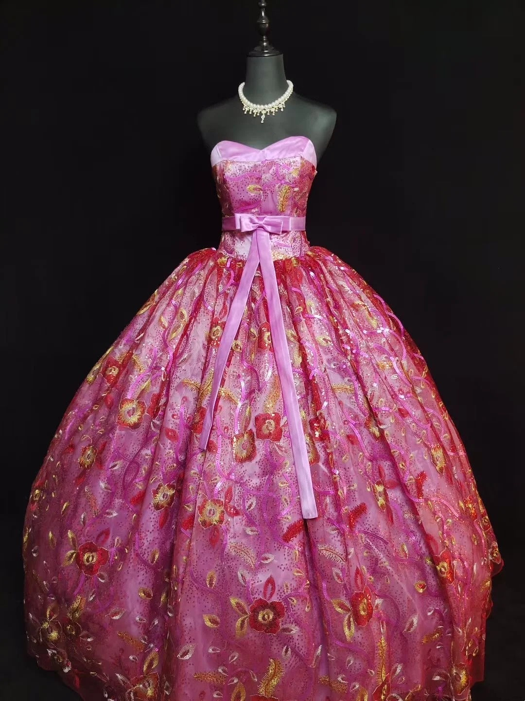 girlhomeshops-Pinkes, zartes, perlenbesetztes, langes Tüll-Ballkleid gh6290