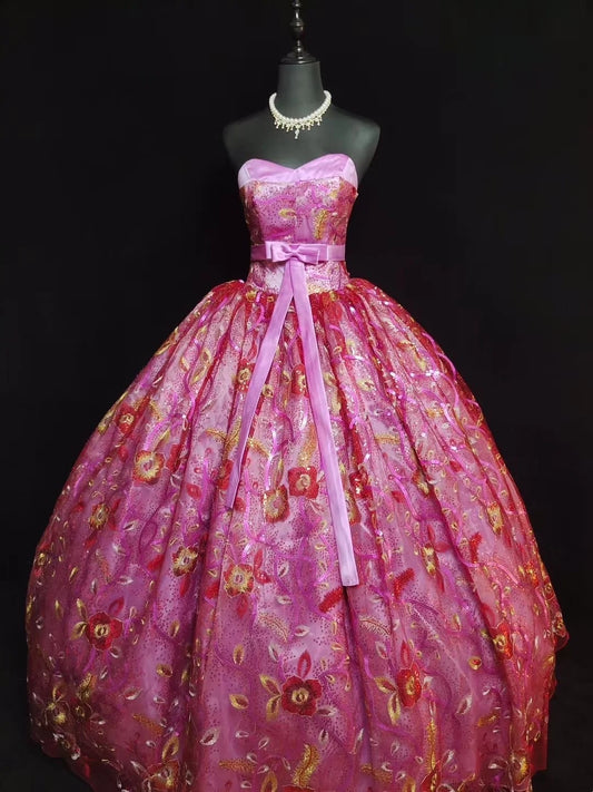 girlhomeshops-Pinkes, zartes, perlenbesetztes, langes Tüll-Ballkleid gh6290