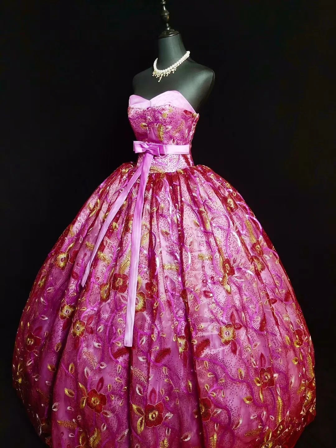girlhomeshops-Pinkes, zartes, perlenbesetztes, langes Tüll-Ballkleid gh6290