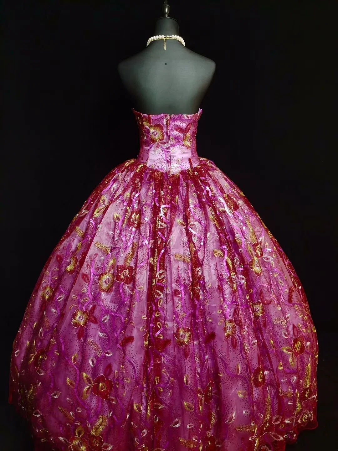girlhomeshops-Pinkes, zartes, perlenbesetztes, langes Tüll-Ballkleid gh6290