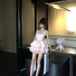 Pink Square Neck Satin Homecoming Dress Lace Mini Prom Gown With Detachable Train gh9409