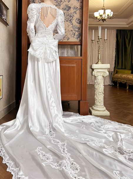 White Vintage Satin Wedding Gown, Sweetheart Square Neck, Puff Long Sleeves With Lace Cuffs, Heavy Lace Beaded Appliqué Pointed Waist, A‑Line Long Train With Lace Hem, Prom Dress gh8646