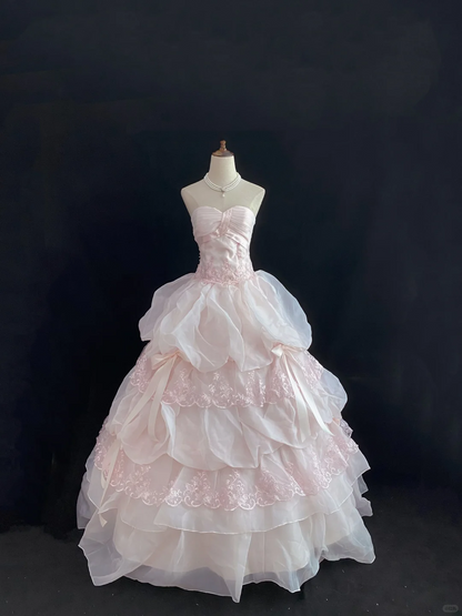 Blush Pink Strapless Romantic Gown with Embroidery, Cinched Waist, Fluffy Tiered Princess Skirt, Wedding Dress & Bridal Gown gh8159
