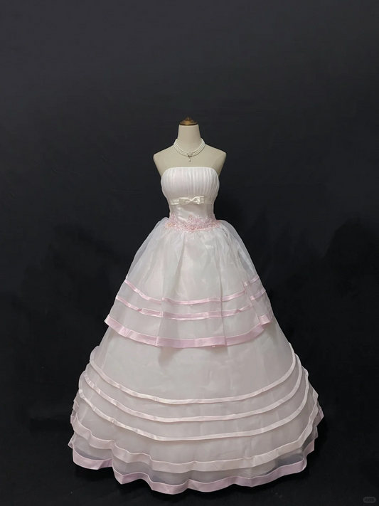 Blush Pink Strapless Long Romantic Gown, Waist-cinched Design, Voluminous Flared Skirt, Wedding Dress & Bridal Gown gh8199
