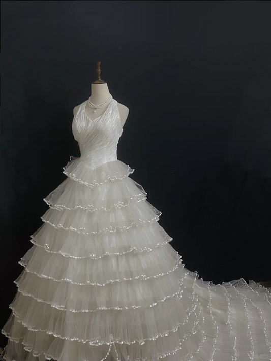 Off-White Halter Long Romantic Wedding Dress, Cinched Waist, Voluminous Tiered Cake Skirt gh8340
