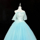 Light Blue Off-the-Shoulder Cinched Waist Voluminous Princess Skirt Long Romantic Dress, Wedding Gown gh7890