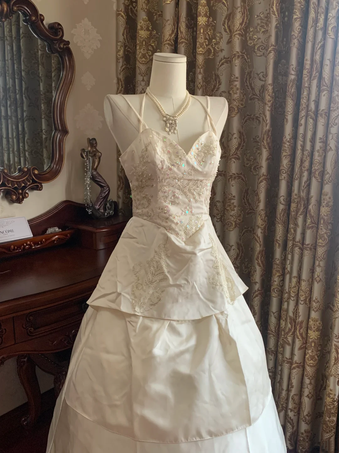 Ivory Vintage Spaghetti Strap Beaded Waist-Cinched Voluminous Skirt Prom Dress, Birthday Gown, Wedding Dress gh7260