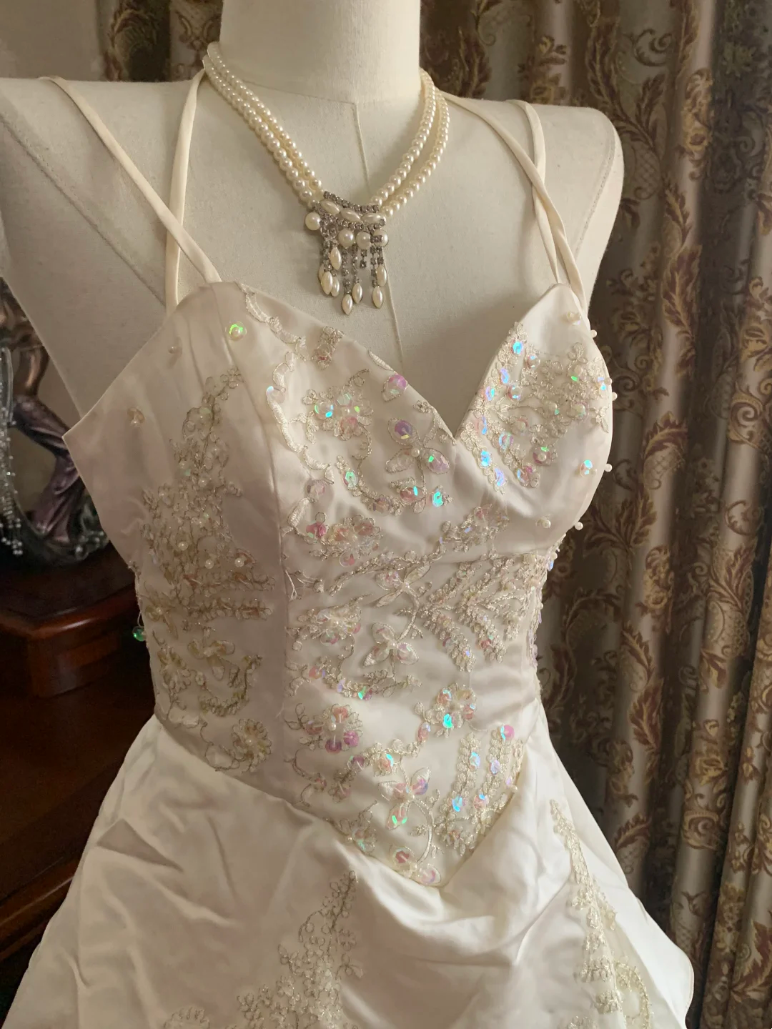 Ivory Vintage Spaghetti Strap Beaded Waist-Cinched Voluminous Skirt Prom Dress, Birthday Gown, Wedding Dress gh7260