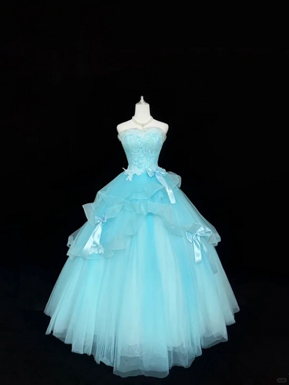 Light Blue Strapless Cinched Waist Voluminous Tulle Skirt Long Romantic Dress, Wedding Gown gh7853