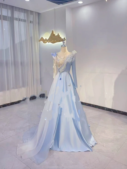 Light Blue Evening Dress with Stylish Neckline, Long Sleeves, Waist-Cinched Fitted Elegant Design, Fairy Gown, Romantic Gown gh7407
