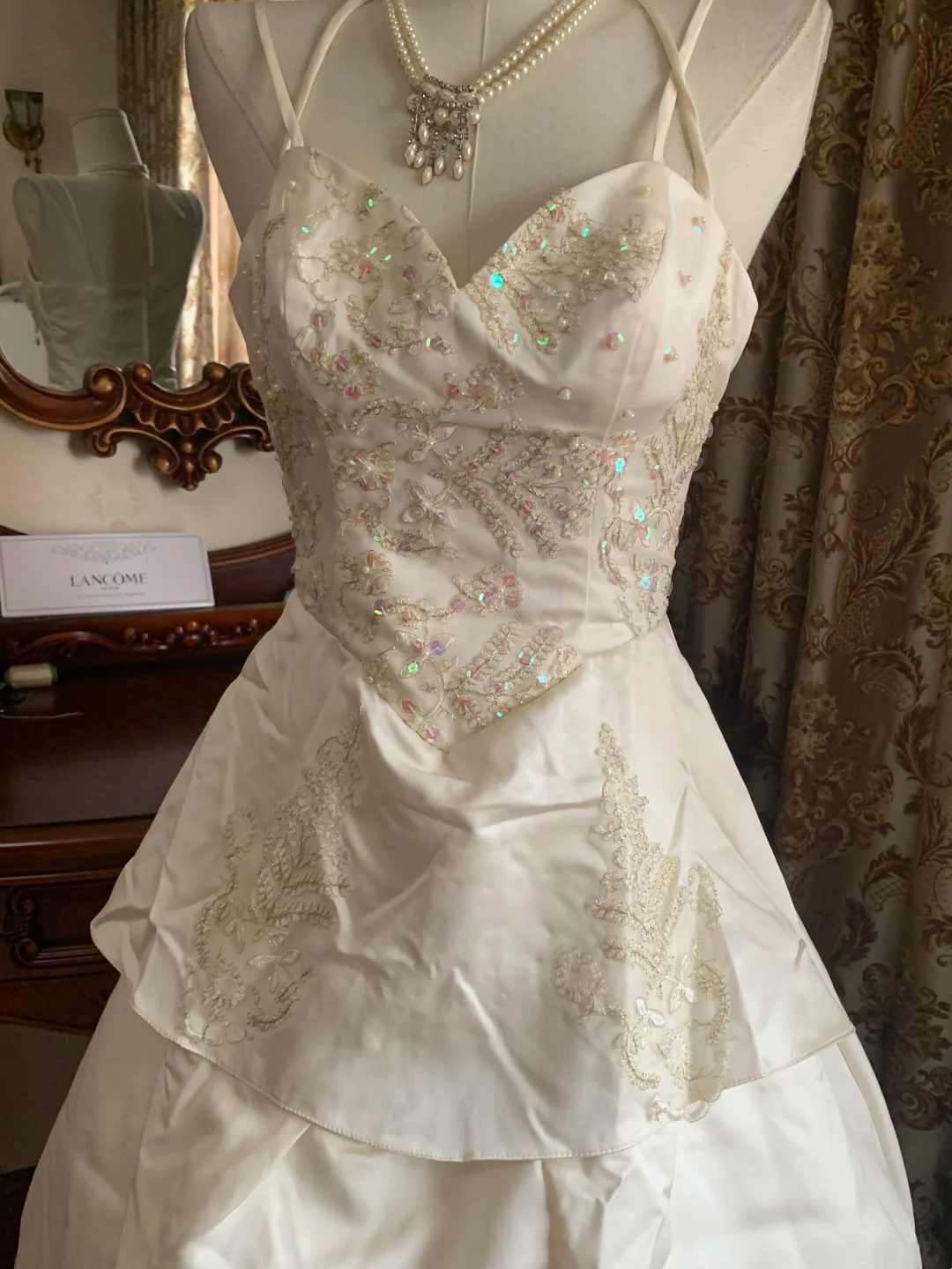 Ivory Vintage Spaghetti Strap Beaded Waist-Cinched Voluminous Skirt Prom Dress, Birthday Gown, Wedding Dress gh7260