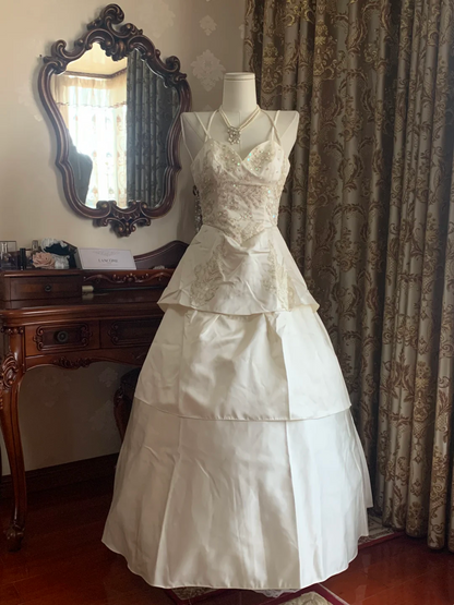 Ivory Vintage Spaghetti Strap Beaded Waist-Cinched Voluminous Skirt Prom Dress, Birthday Gown, Wedding Dress gh7260