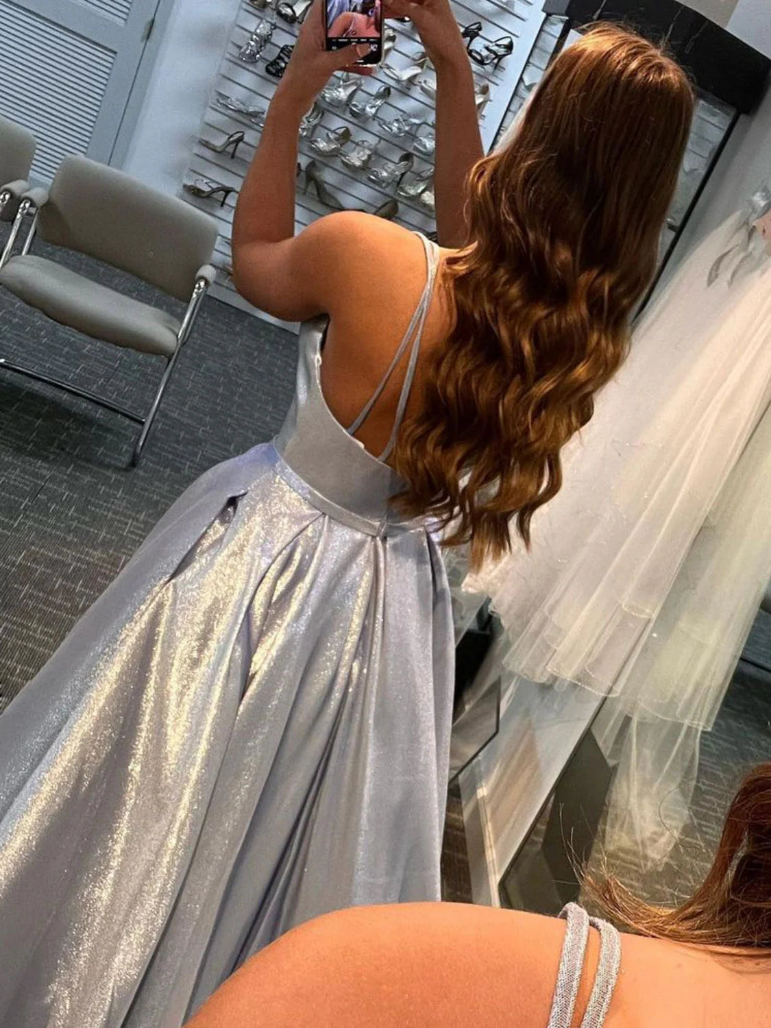 Simple V Neck Silver Satin Long Prom Dresses, V Neck Silver Formal Dress, Open Back Silver Evening Dress gh2398