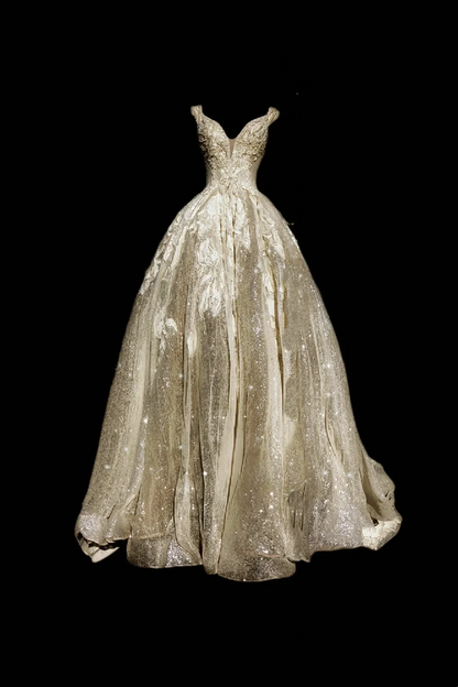 Light Champagne Spaghetti Strap Waist-Cinching Voluminous Sequin Long Prom Gown, Evening Formal Dress gh7336