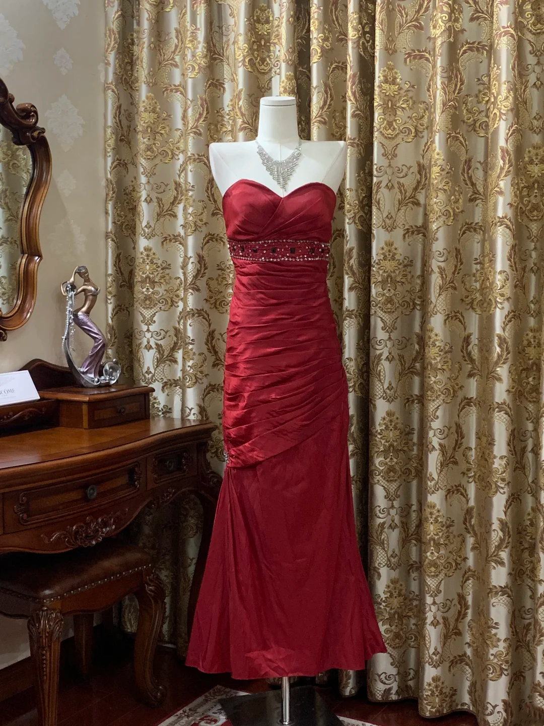 Red Strapless Waist-Cinched Fitted Long Prom Dress, Evening Party Gown gh7289