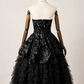 Black Gothic Midi Prom Dress, Sweetheart Strapless Lace Bodice Flocked Skull Damask Satin Overlay Tiered Ruffle Tulle Skirt Evening Gown gh9083