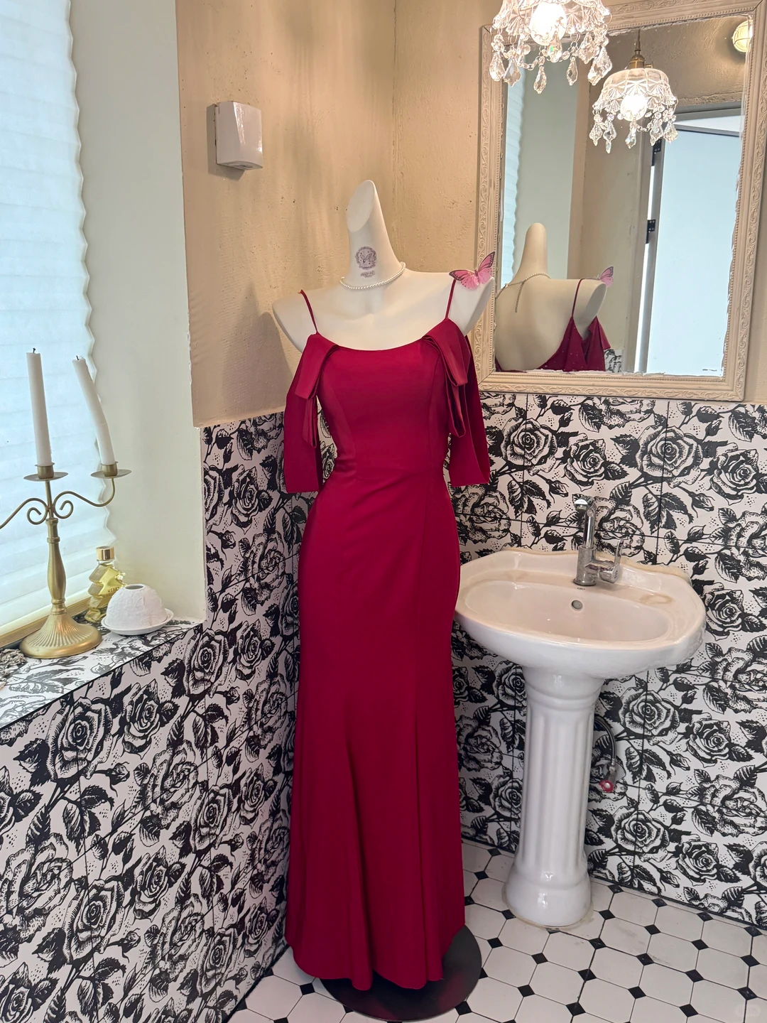 Burgundy Spaghetti Strap Off-the-Shoulder Waist-Cinched Fitted Elegant Romantic Dress, Wedding Gown gh7573