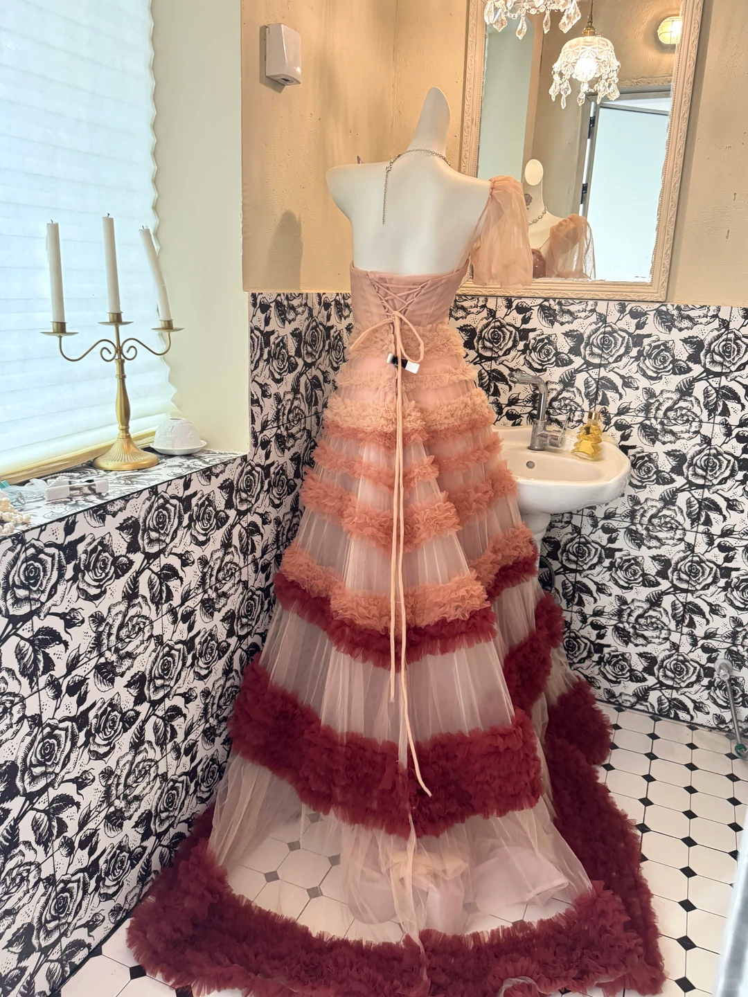Red Ombre Strapless Waist-Cinched Elegant Romantic Dress, Wedding Gown gh7499