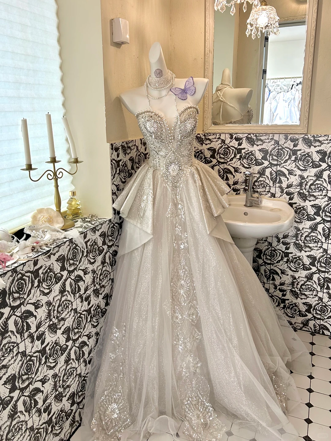 Ivory Gown with Silver Decorations, Waist-Cinched Slim A-Line Long Romantic Dress, Wedding Gown gh7703