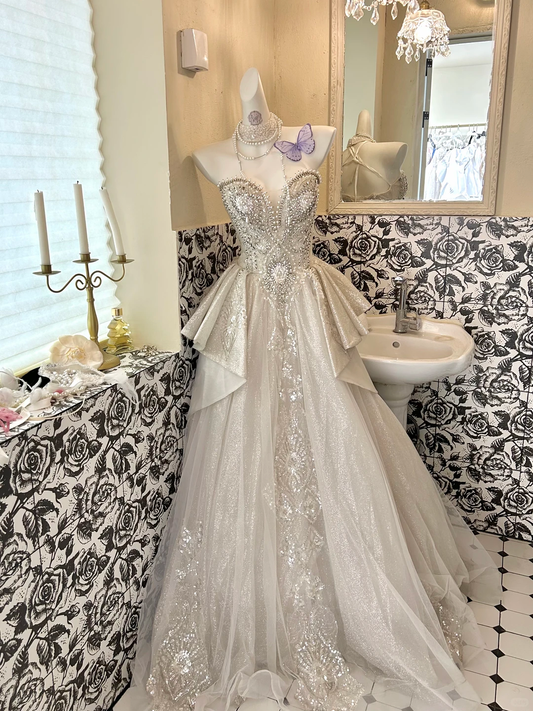 Ivory Gown with Silver Decorations, Waist-Cinched Slim A-Line Long Romantic Dress, Wedding Gown gh7703