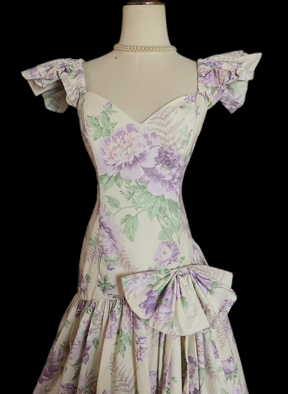 Elegant Vintage Purple Print Square Neck Fitted Waist Prom & Evening Party Dress gh8499