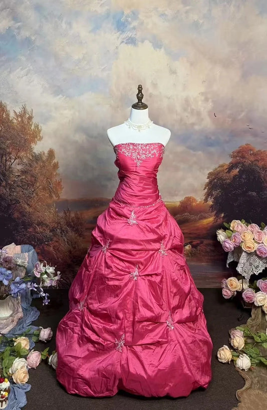 girlhomeshops-Pinkes, zartes, langes Satin-Ballkleid mit Blumenmuster gh6293