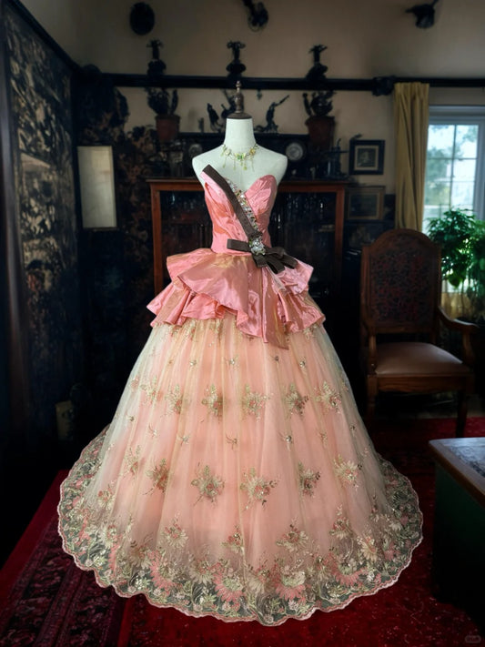 Girlhomeshops - Rosa, zart geblümtes, langes Tüll-Ballkleid gh5351