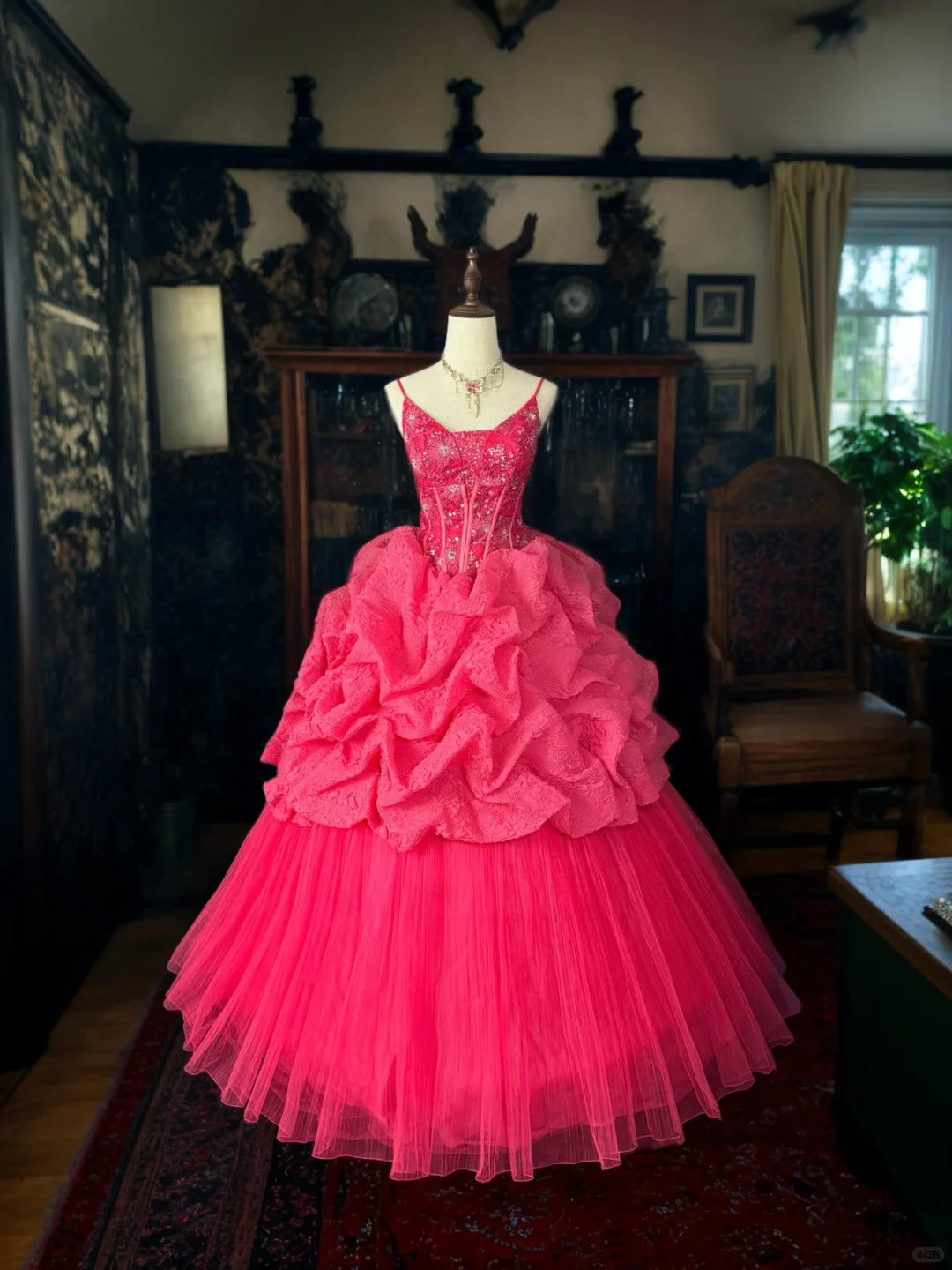 Girlhomeshops-PDark Pink Glitter Tüll Prinzessin Langes formelles Ballkleid gh5359